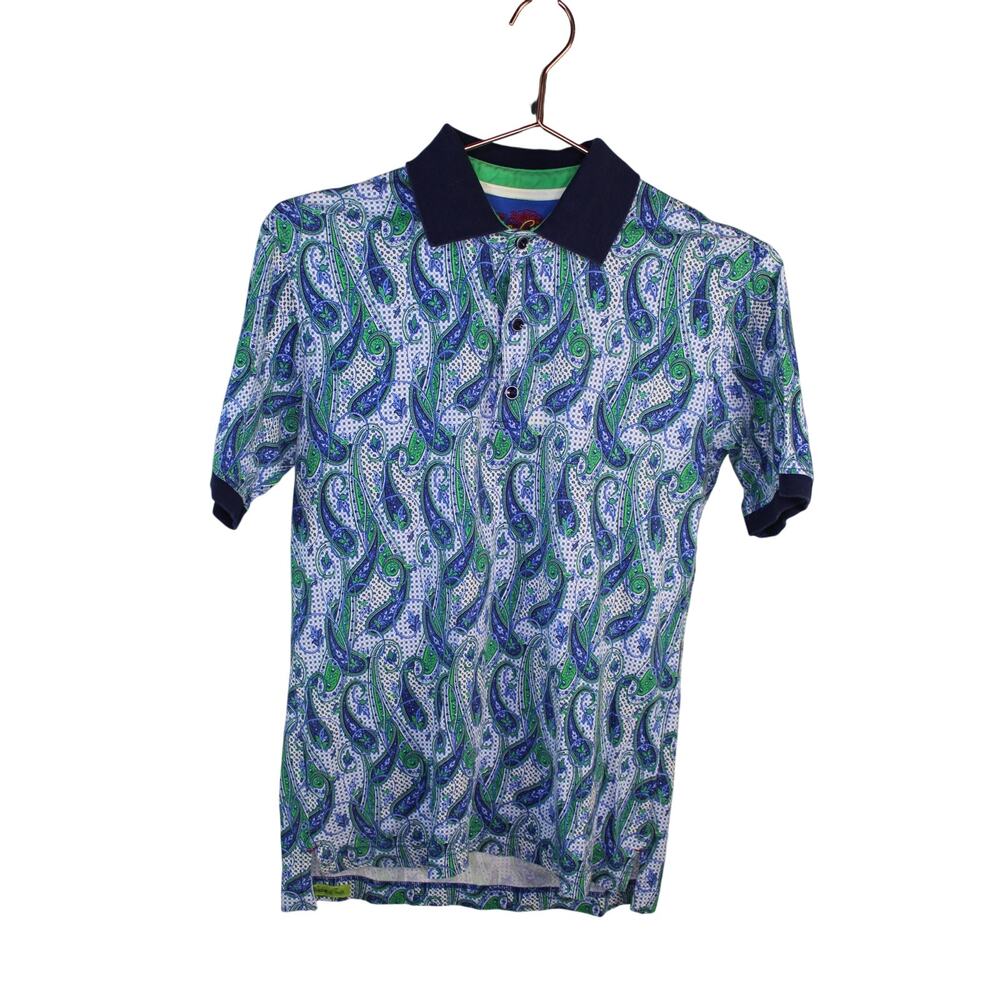 Robert Graham Polo Shirt Paisley Blue Green Classic Fit Luxury Men's XS